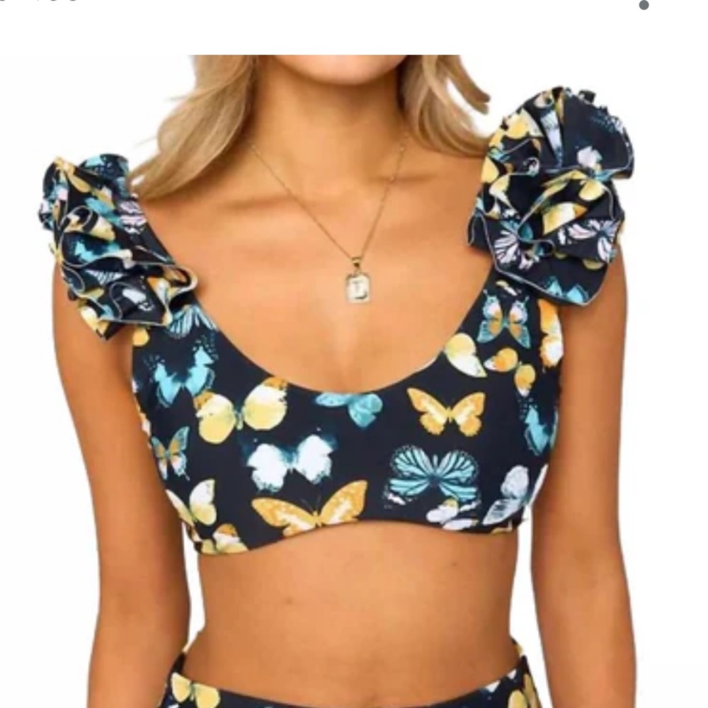 Buddy Love Butterfly Bikini Top with Ruffle Black, Yellow, Blue